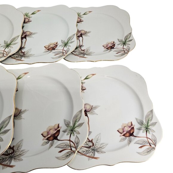 6 Blue Woodrose Square Lunch Plate 7.5" Meito Japan salad gold scalloped edge vt - Picture 3 of 9